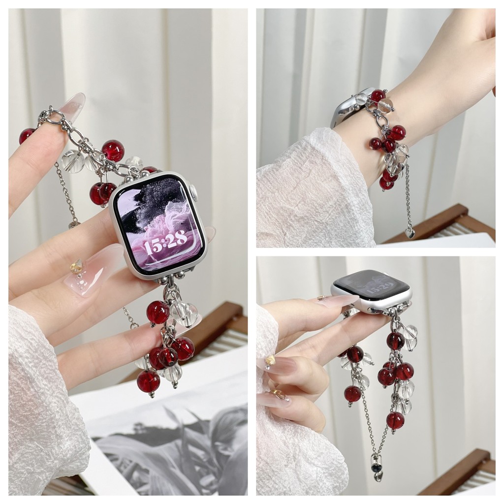 ลูกปัดคริสตัลโลหะสายโซ่ส่องทางไกลสําหรับ ฉันดู ชุด iwatch Series 10 9 8 7 6 SE 5 4 3 2 1สุภาพสตรีประณีตสายรัดข้อมือสําหรับ iดู วงดนตรี iwatch 49 มม.44 มม.45 มม.46 มม.41 มม.40 มม.38 มม.42 มม.