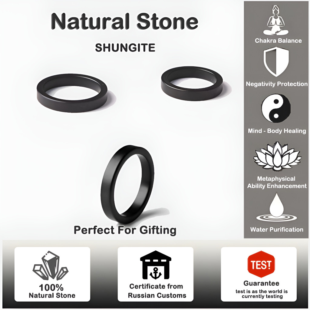 รัสเซีย Shungite Minimalist Neutral แหวน: 5G EMF-การป้องกัน,พลังงานสูง, ฮวงจุ้ยสมดุล, ของขวัญอัญมณี