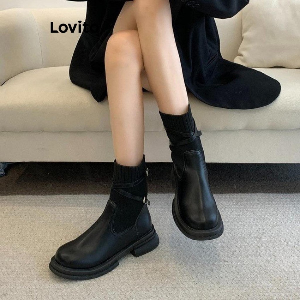 Lovito รองเท้าบู๊ทมาร์ตินพื้นหนาสไตล์อังกฤษสุดคลาสสิกสำหรับผู้หญิง LFA55347