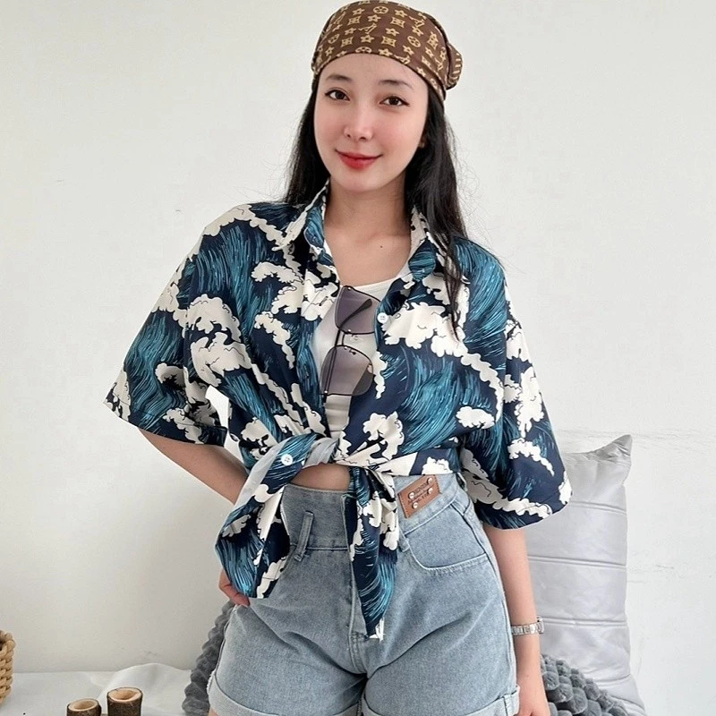 Chic เสื้อฮาวาย เชิ้ตคอปกแขนสั้น ลายดอก สไตล์เกาหลี thumbnail 5