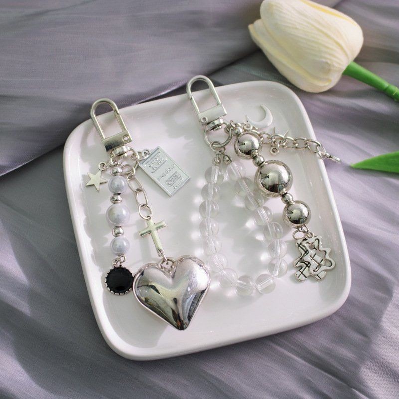 พังก์สีเงินข้ามหัวใจจี้แหวนกุญแจหมีน้อยน่ารักพวงกุญแจสําหรับหูฟังกรณีเครื่องประดับของขวัญ