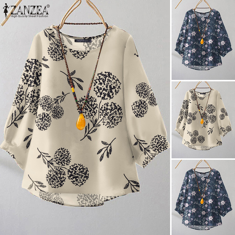 ZANZEA ใส่ ซานเซีย ผู้หญิงวินเทจวันหยุดสบายๆรอบคอหลวมพิมพ์เสื้อ — صورة 6