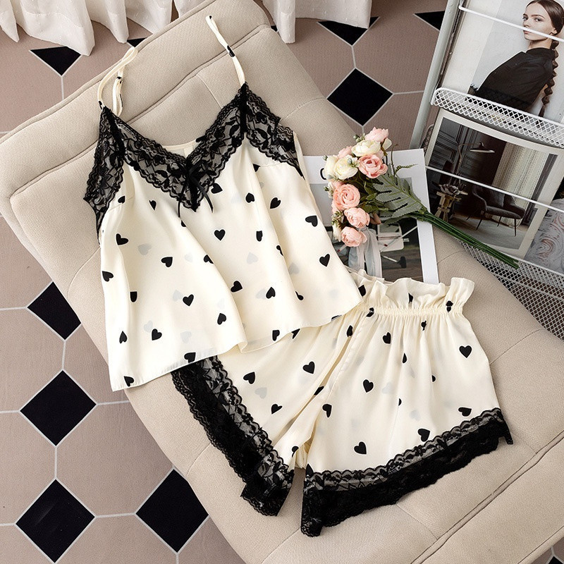 2024 ใหม่เซ็กซี่ดอกไม้พิมพ์ชุดนอนสตรีลูกไม้ V คอผ้าไหมน้ําแข็ง Pijama 5BOJ