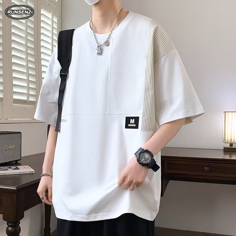 M-8xl Fat Man แฟชั่นสีบล็อกด้านบนผู้ชายขนาดบวกเสื้อยืดลําลองหลวมแขนสั้นขนาดใหญ่ Tee