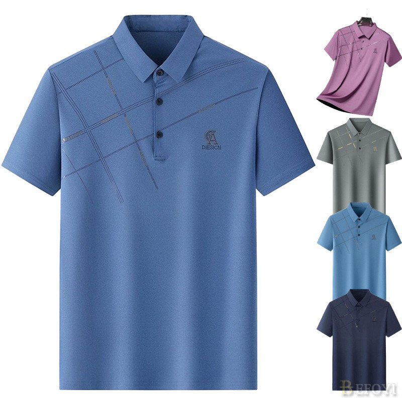 เสื้อโปโลผู้ชายแขนสั้นผ้าไหมน้ําแข็งหลวมสบายๆธุรกิจพิมพ์ปกฤดูร้อน www26