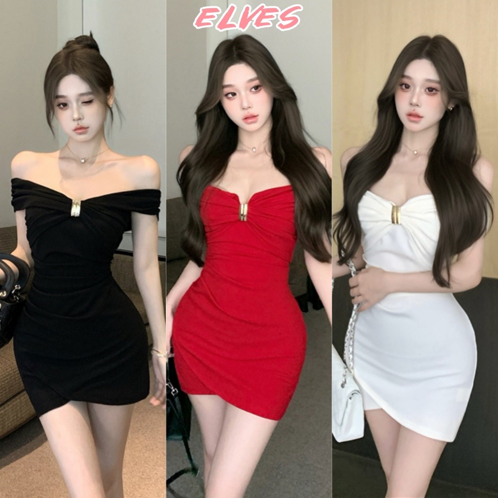 Elves พร้อม💟 ชุดเดรสสีพื้น ทรงรัดตัว ใส่ง่ายเรียบหรูดูแพง เซ็กซี่ เข้ารูป "FY2770"