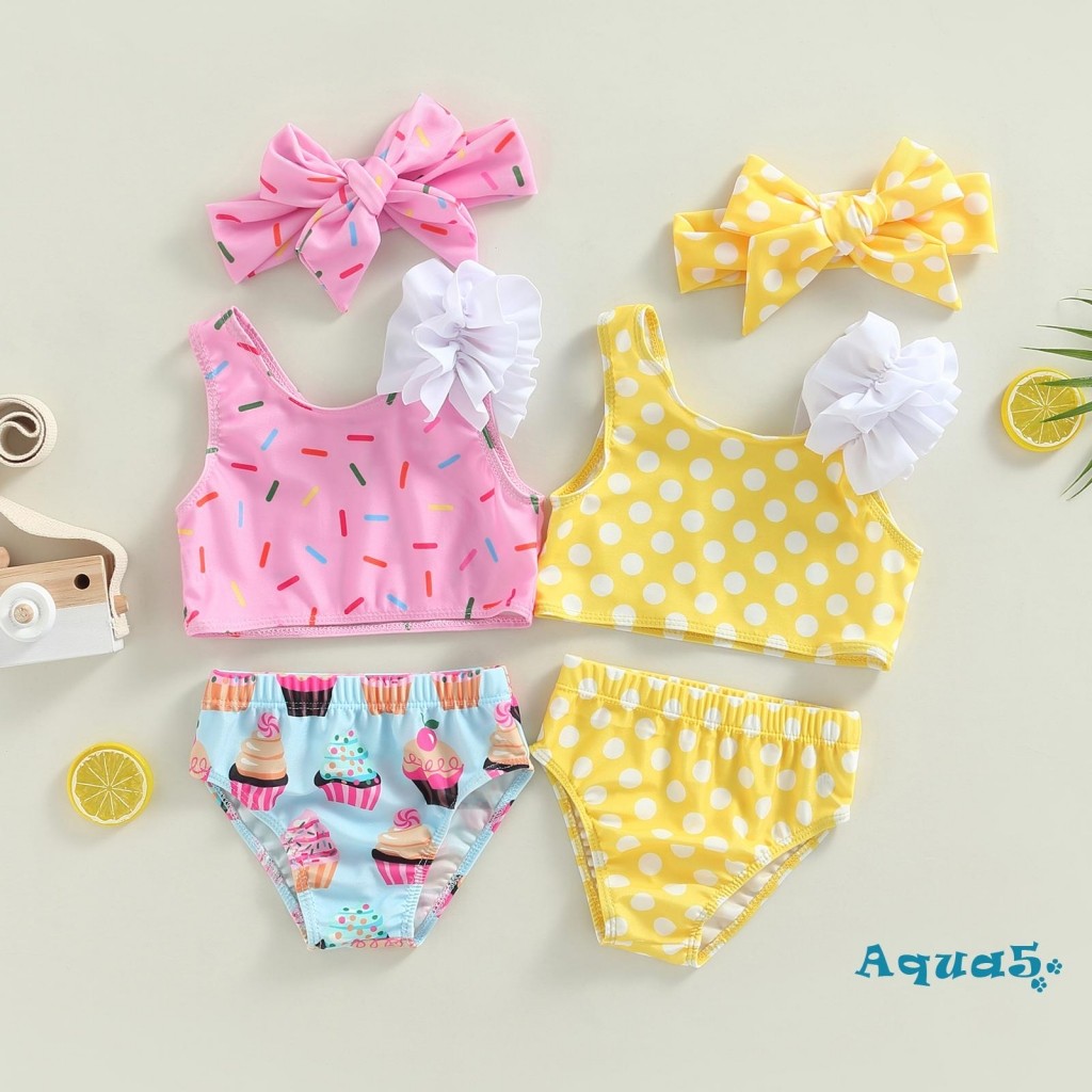 Aqq-kid Girls 2 ชิ้นชุดว่ายน้ําแขนกุด Dot / Cup Cake Print Tops Summer Beach + กางเกงขาสั้น 0-3 ปี