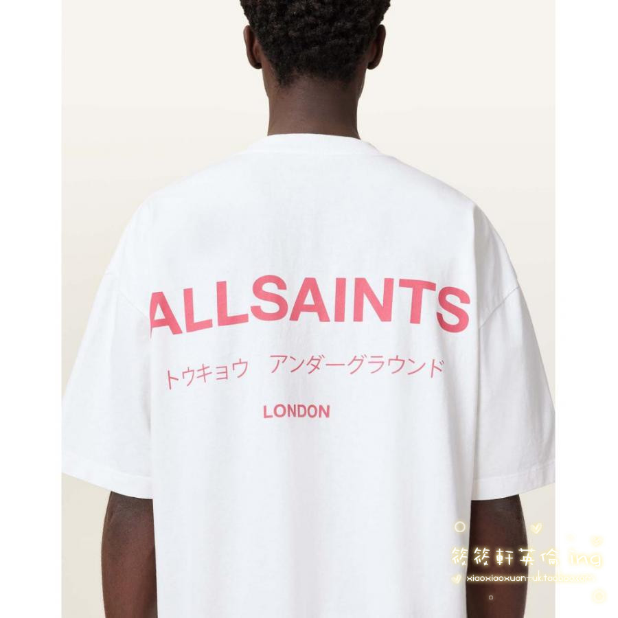 Allsaints Mens Oversize Letter LOGO เสื้อยืดแขนสั้นผ้าฝ้ายพิมพ์ลาย