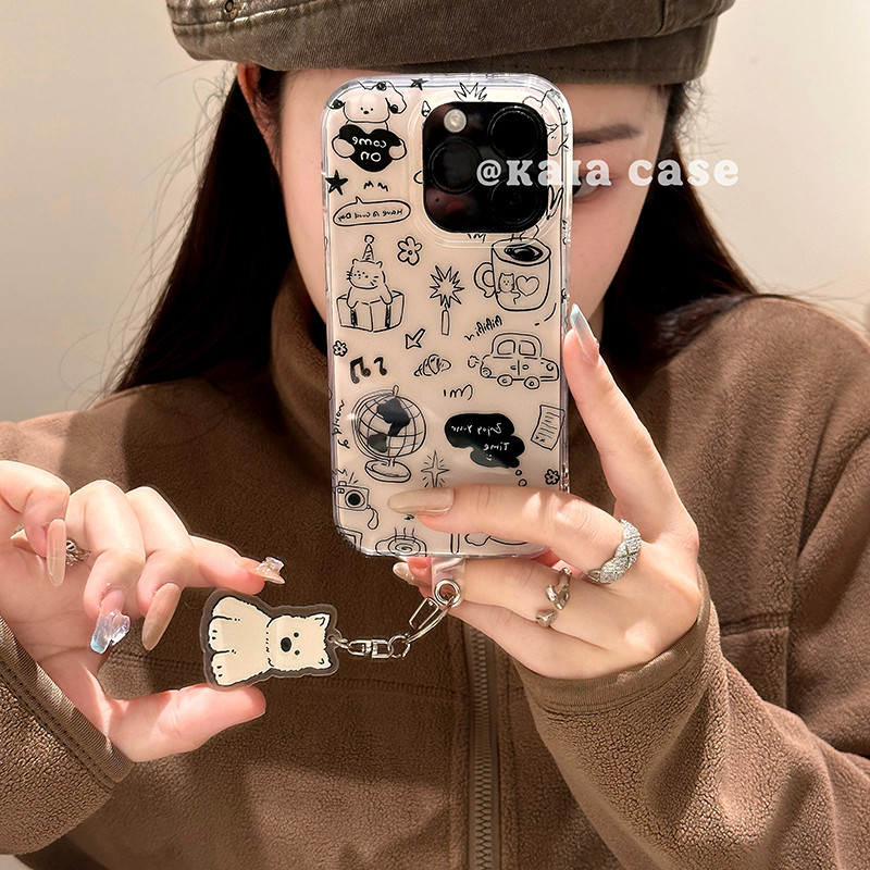 Huiwanju simple สีดําและสีขาว sketch cat graffiti เหมาะสําหรับ iPhone16promax เคสโทรศัพท์มือถือ ip13