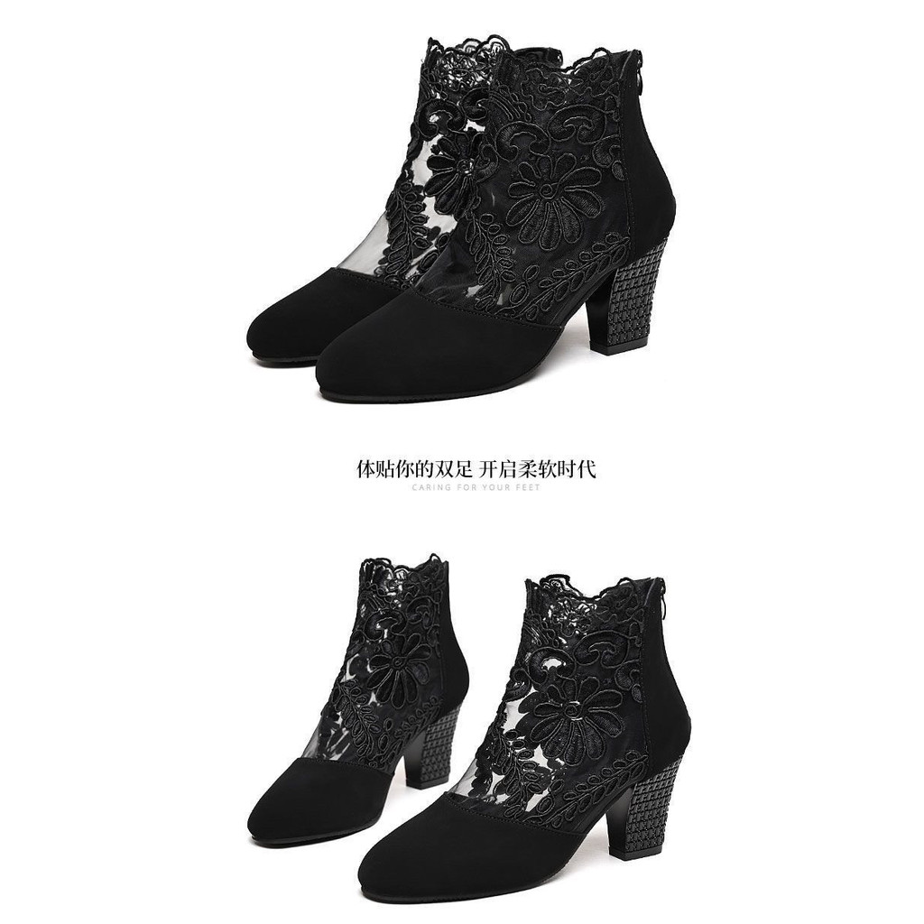 2025 สไตล์ใหม่ของแท้หนัง Toe-Covered รองเท้าแตะผู้หญิงฤดูร้อนส้นหนากลางส้นลูกไม้ผ้ากอซ Breathable แฟชั่น Hollow Casual รองเท้าส้นสูง