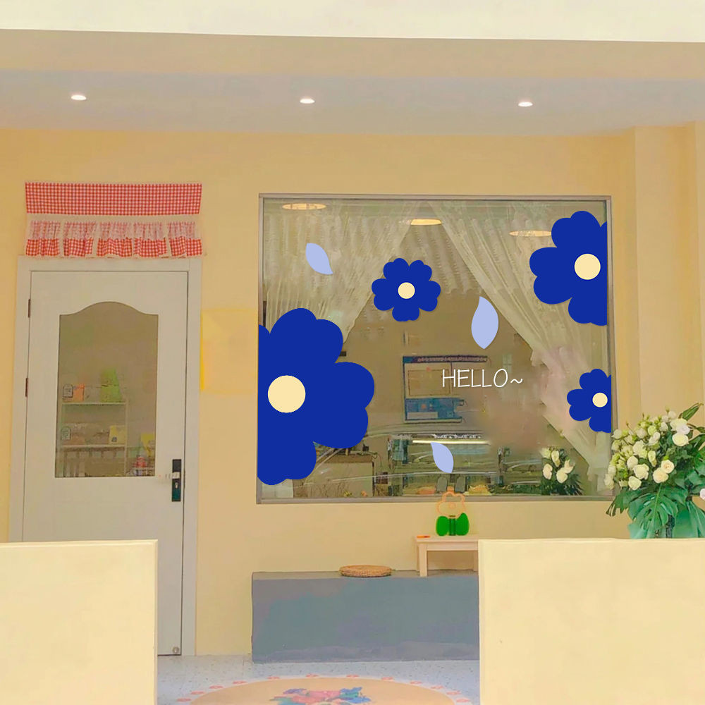 สติกเกอร์ ลายดอกไม้ สีฟ้า สําหรับติดตกแต่งกระจก หน้าต่าง ประตู ร้านกาแฟ ร้านชานม หน้าต่าง - รูปที่ 3