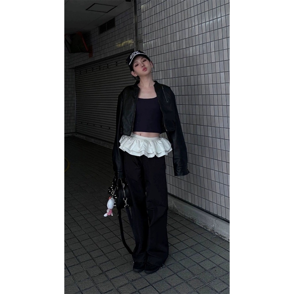 [สินค้าใหม่] Pettiskirt กางเกงกีฬา ขากว้าง ทรงตรง ทรงหลวม แต่งลูกไม้ สีดํา แฟชั่นฤดูใบไม้ผลิ และฤดูใบไม้ร่วง และฤดูหนาว สําหรับผู้หญิง 2024
