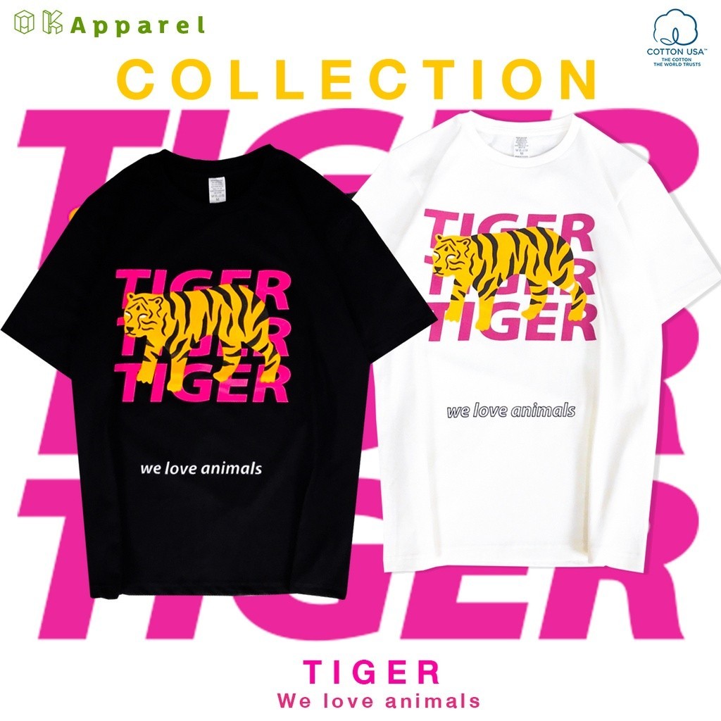 ★แนวโน้มแฟชั่น เสื้อยืดคอตตอนUSA เจ้าเดียวที่นี่!!  สกรีนลาย "Pinktiger" - โอเวอร์ไซส์  เสื้อคอกลมแข