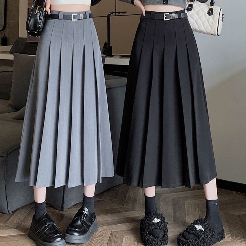 Cynthia พร้อมส่ง กระโปรง เดรสยาว ทรงพลีทยาว อัดจีบหน้า ผ้าไนลอน ซิปหลังสไตล์ เกาหลี (แถมเข็มขัด) #DS822