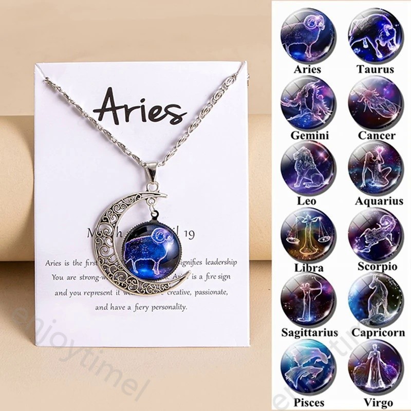 สร้อยคอ จี้รูปดวงจันทร์ กาแล็กซี่ ดาว 12 ราศี สไตล์วินเทจ พร้อมการ์ดของขวัญ