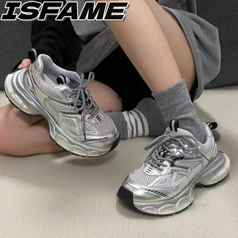 ISFAME รองเท้าผ้าใบลําลอง ผ้าตาข่าย พื้นหนา ระบายอากาศได้ดี สีเงิน แฟชั่นเรโทร สไตล์เกาหลี สําหรับสตรี