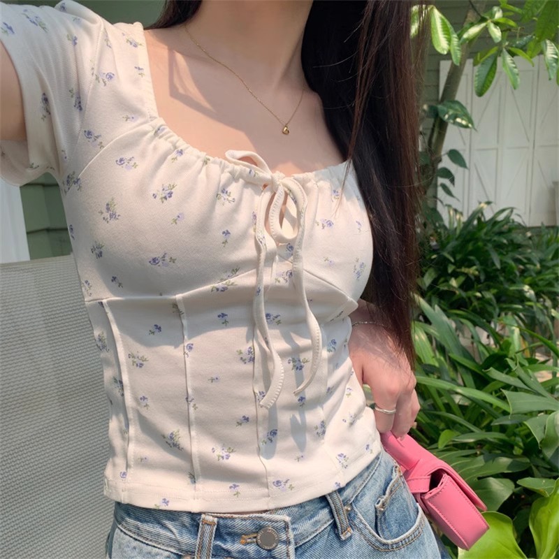 เสื้อครอป เสื้อเชิ้ตแขนสั้น ผ้ายืด ลายดอกไม้ สไตล์เกาหลี สำหรับผู้หญิง