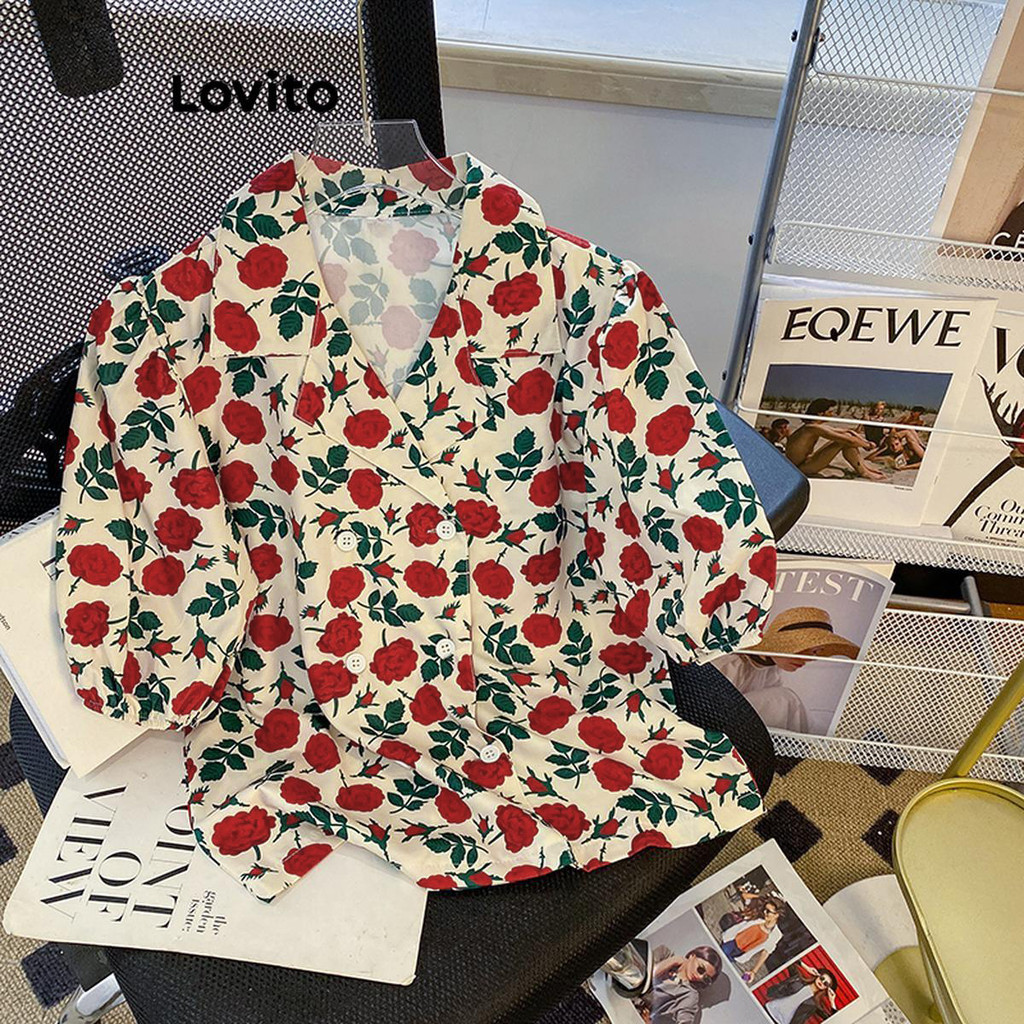 Lovito เสื้อเบลาส์ผู้หญิง ลายดอกไม้ สไตล์ลำลอง LNA52250