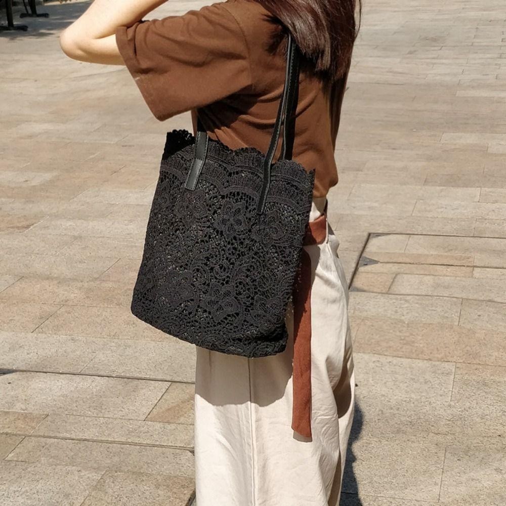 Bersy กระเป๋าถือทอผู้หญิง,Hollow Out Handโครเชต์ลูกไม้กระเป๋าสะพาย,Elegant Long Lasting TOP-Handleน้ําหนักเบาโครเชต์ดอกไม้Tote Sandy Beach