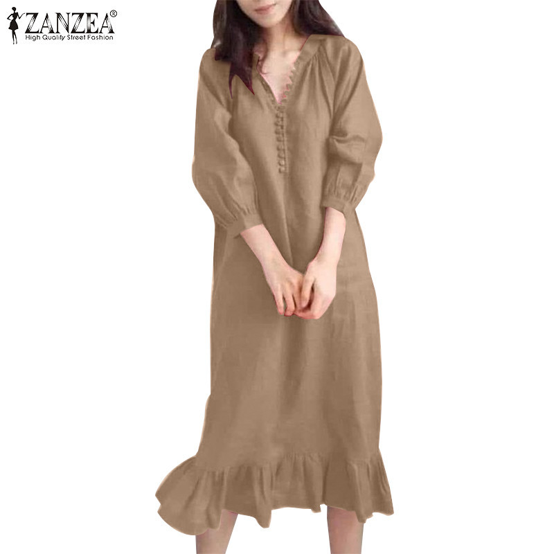 Zanzea Women Korean Casual Buttons 3/4 Sleeve Solid Color Ruffles Hem Dress