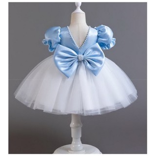 Gd4103- พร้อมส่งจากไทย ชุดออกงานเด็กหญิงสีฟ้า-ขาว ทูโทน ตกแต…