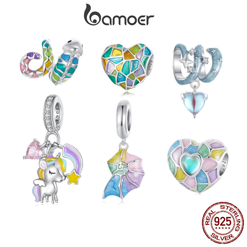 Bamoer 925 Sterling Sliver Charm น่ารัก Rainbow Heart Conch จี้อุปกรณ์เสริมสําหรับสร้อยข้อมือ BSC966