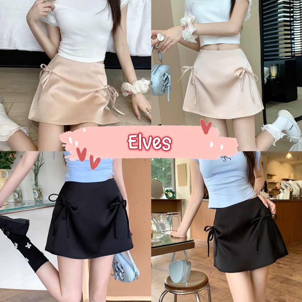Elves พร้อมส่ง กระโปรงเอวกลาง ทรงตรง ดีเทลติดโบว์สองข้าง น่ารักคาวาอี้ ~2959-NZ-XM~