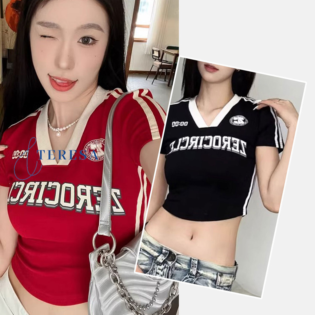TERESA พร้อมส่ง เสื้อครอปเข้ารูปสำหรับผู้หญิง สีพื้นสไตล์สาวอเมริกา