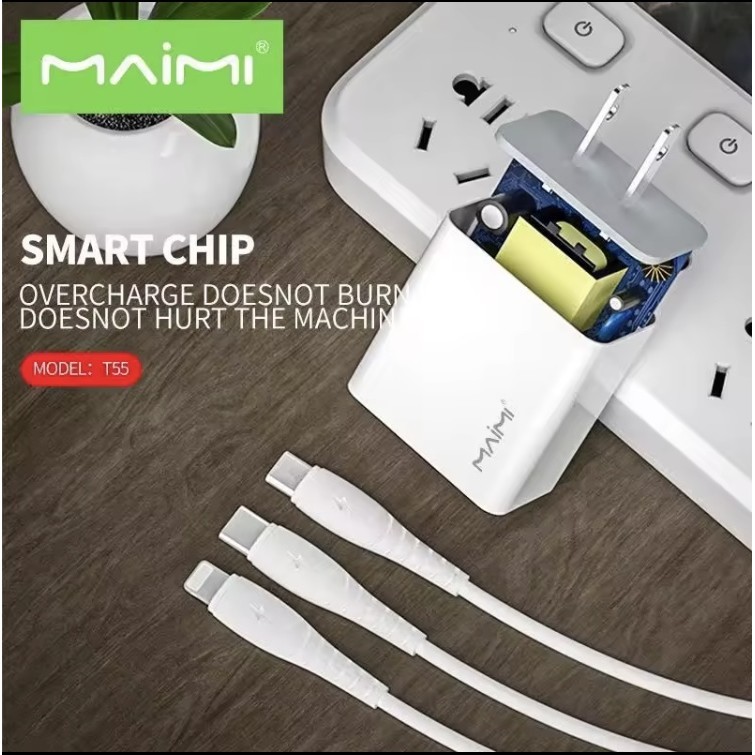 Maimi ชุดชาร์จ รุ่น T55 (หัวพร้อมสาย) ชาร์จเร็ว Li / TypeC / MicroUSB หัวชาร์จUSB 1พอร์ท ชุดชาร์จ TAB