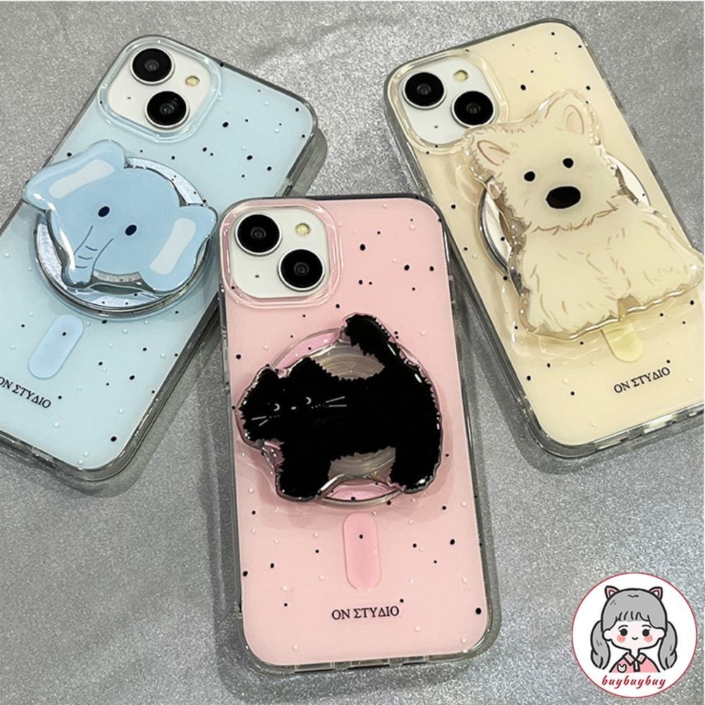 เคสโทรศัพท์มือถือ TPU นิ่ม กันกระแทก กันฝุ่น ลายช้างน่ารัก พร้อมขาตั้งแม่เหล็ก สําหรับ IPhone 11 15 14 13 12 Pro Max X XR 8 7 Plus