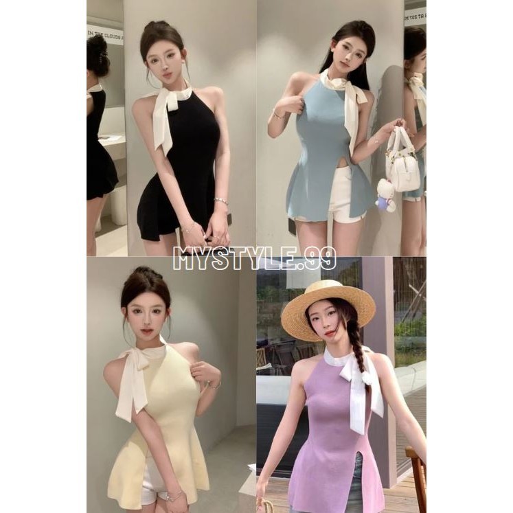 📢mystyle.99📢เสื้อแขนกุดไหมพรม แต่งริ๊บบิ๊นผูกคอ ผ่าข้าง#B38