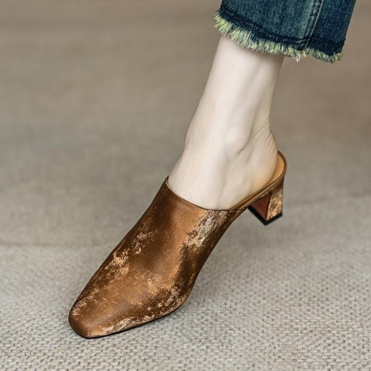 รองเท ้ าส ้ นสูงผู ้ หญิงสแควร ์ Toe ส ้ นหนาซาตินแฟชั ่ นรองเท ้ าแตะขี ้ เกียจขนาด 34-39