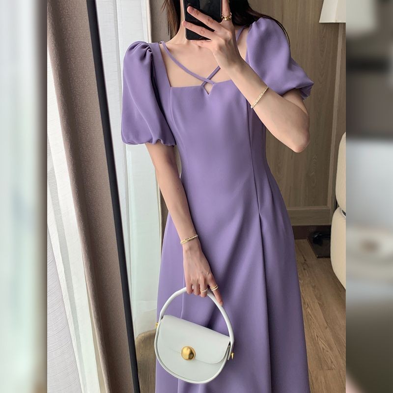 ชุดเดรสสีม่วงแขนพองคอเหลี่ยมสำหรับสาวอวบไซส์ใหญ่4XL กระโปรงยาวลำลองกระโปรงทรงเอสไตล์เกาหลีดีไซน์อ่อนโยน
