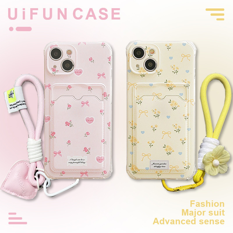 Ins สีชมพู Bowknot Love Heart ดอกไม ้ สีเหลืองกระเป ๋ าโทรศัพท ์ สําหรับ iPhone 15 14 13 12 Pro Max 11 TPU พร ้ อมสายรัดข ้ อมือ Full Coverage Drop ทนโทรศัพท ์ มือถือปลอก
