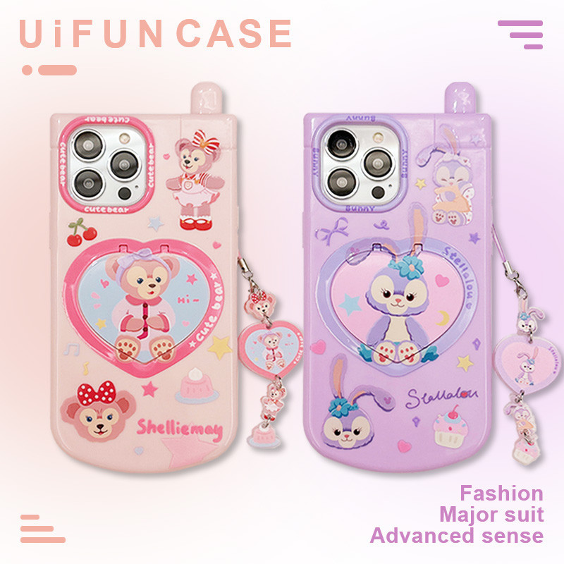 น ่ ารักการ ์ ตูนหมีกระต ่ ายพลิกแต ่ งหน ้ าผู ้ ถือกระจกขาตั ้ งโทรศัพท ์ สําหรับiPhone 15 14 13 12 Pro Max 11 จี ้ TPUกันกระแทกปกหลังปลอก