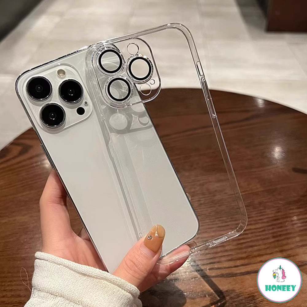 Simple โปร่งใสกันกระแทกเคสโทรศัพท์สําหรับ Iphone 15 14 Pro Max 11 12 13 Promax 15/14 Plus เลนส์ป้องกัน Hard PC โทรศัพท์ฝาหลัง