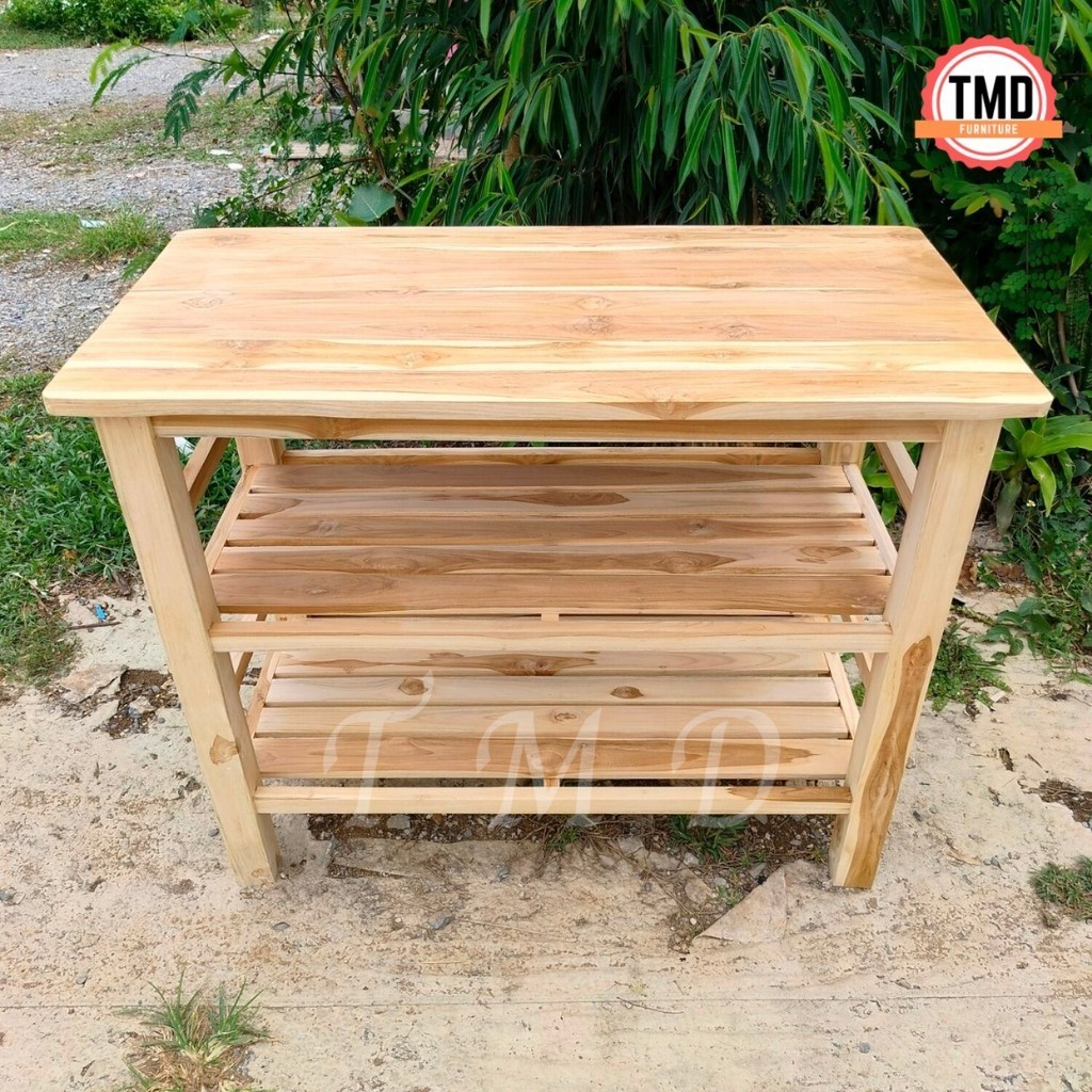 TMD  โต๊ะวางของไม้สักแพร่  3 ชั้น 100*50*สูง80 ซม. (ก*ลึก*ส) ยังไม่ได้ทำสี ราคา ถูกที่สุด ดีลบีเคเค