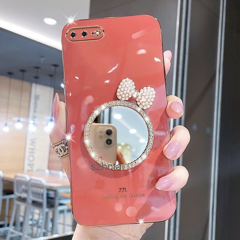 เคส iphone 7 plus 8 plus 6 plus 6s plus 7 8 6 6s เคสโทรศัพท์ชุบหรูหรา ฝาครอบกรณีเชลล์พร้อมกระจกแต่งหน้าโบว์มุก สำหรับสาวๆ เคสโทรศัพท์ iphone 7 plus 8 plus 6 plus 6s plus 7 8 6 6s