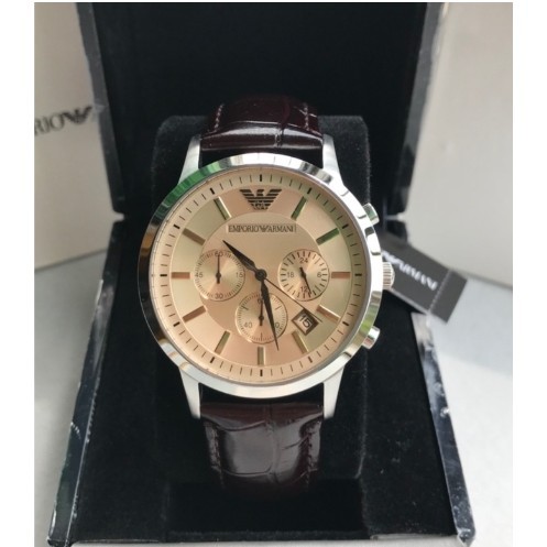 Emporio Armani Men's Classic Chronograph Cream Face Brown Leather Strap Watch AR2433