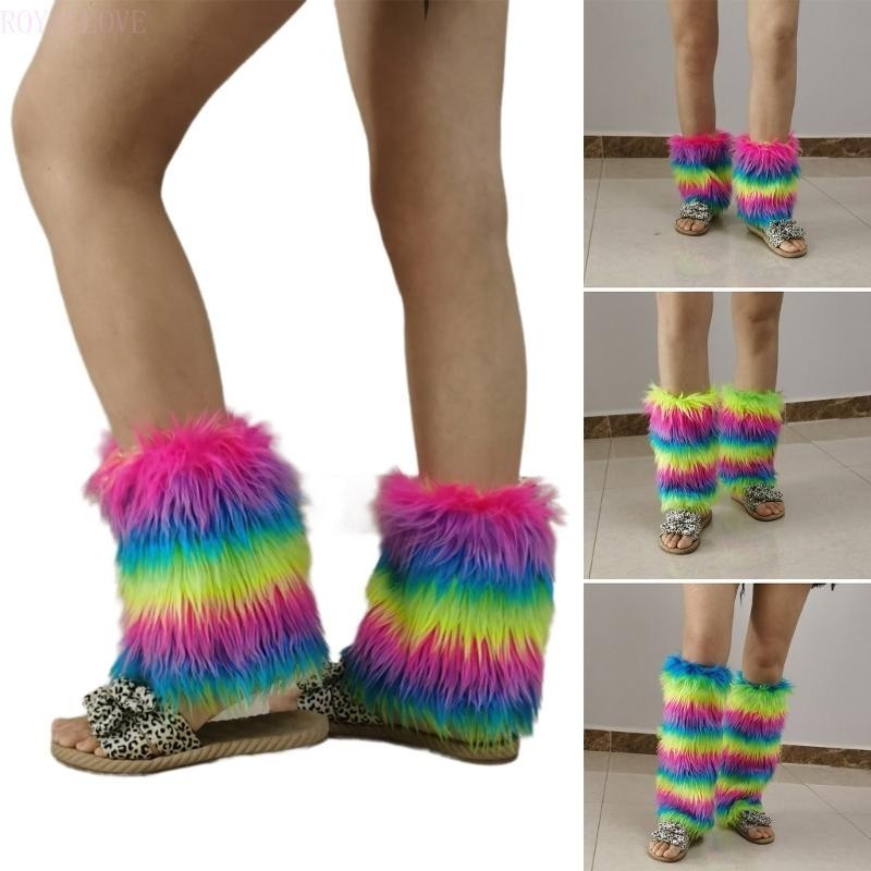 Royal หญิงสาว Punk Plush ขาอุ่นถุงเท้าฤดูหนาว Vintage Rainbow Fuzzy Boot Cuffs 80s Party เข่าความยาวขา Cov