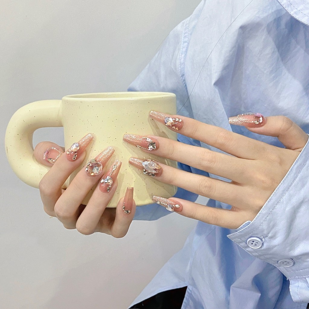 HANDMADEArtificial Nail Light Luxury high-end โรแมนติก Galaxy Full Diamond Phototherapy Nails เล็บปลอมเล็บนํากลับมาใช้ใหม่และถอดได้ ราคา ถูกที่สุด ดีลบีเคเค แกลเลอรีภาพที่ 2