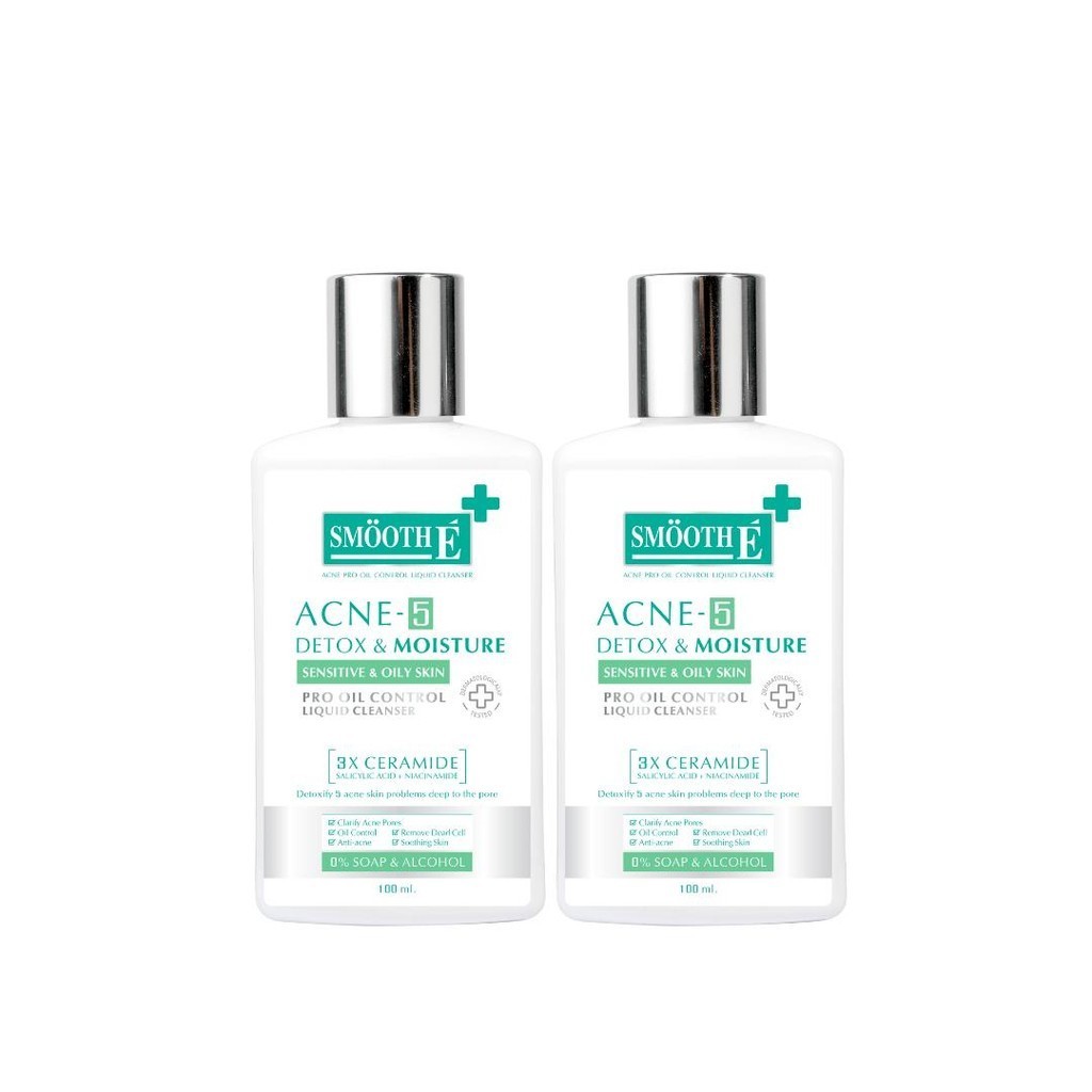 [Pack 2] Smooth E Acne-5 DETOX & MOISTURE LIQUID CLEANSER เจลล้างหน้าเนื้อโลชั่น สำหรับเป็นสิว 100 M