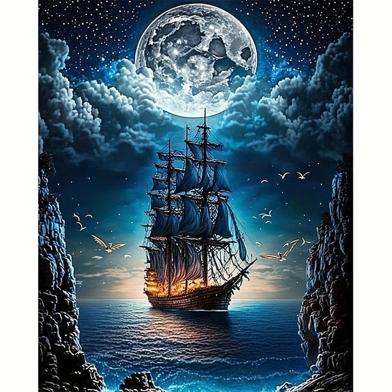 Frameless DIY 5D ชุดภาพวาดเพชร Steamboat Moon งานเย็บปักครอสติชร้อยลูกปัดศิลปะหัตถกรรมสําหรับตกแต่งผนัง ของขวัญเซอร์ไพรส์