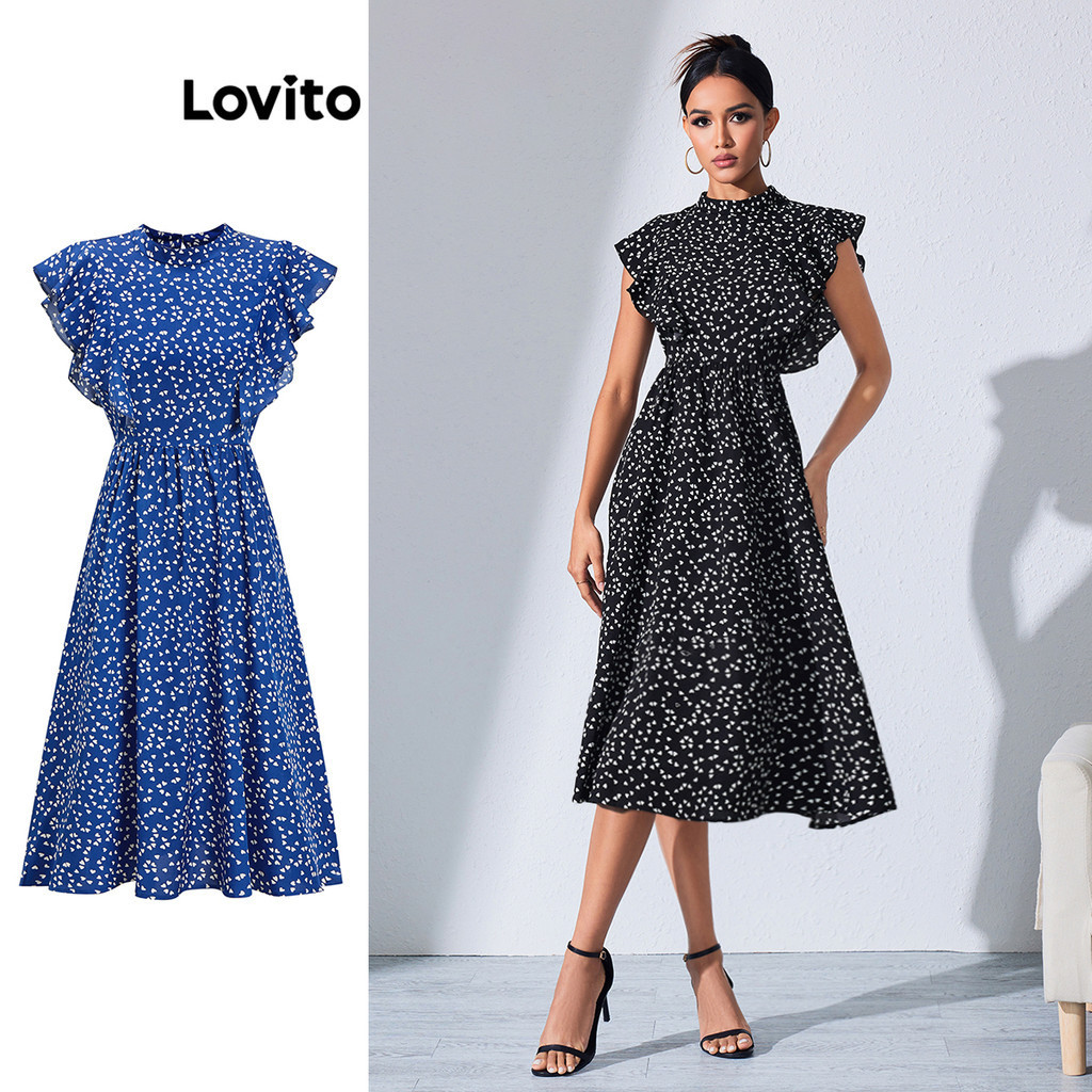 Lovito ขุดเดรสผู้หญิง แขนระบาย พิมพ์ลายจุด สไตล์หรูหรา LBL08158(หลากสี)