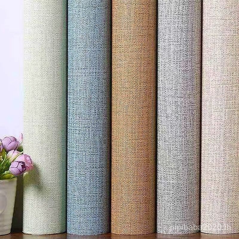 วอลล์เปเปอร์กันน้ําหนา Self-Adhesive สีทึบผ้าลินินวอลล์เปเปอร์ Self-Adhesive ห้องนั่งเล่นห้องนอน Dor