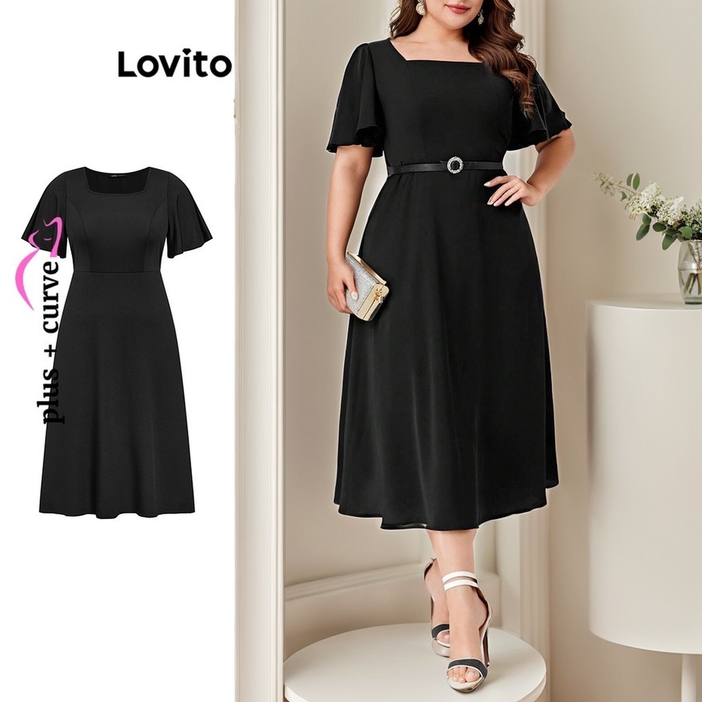 Lovito ชุดเดรสสาวอวบ เข้ารูป มีโครง สีพื้น สไตล์หรูหรา LBL09428
