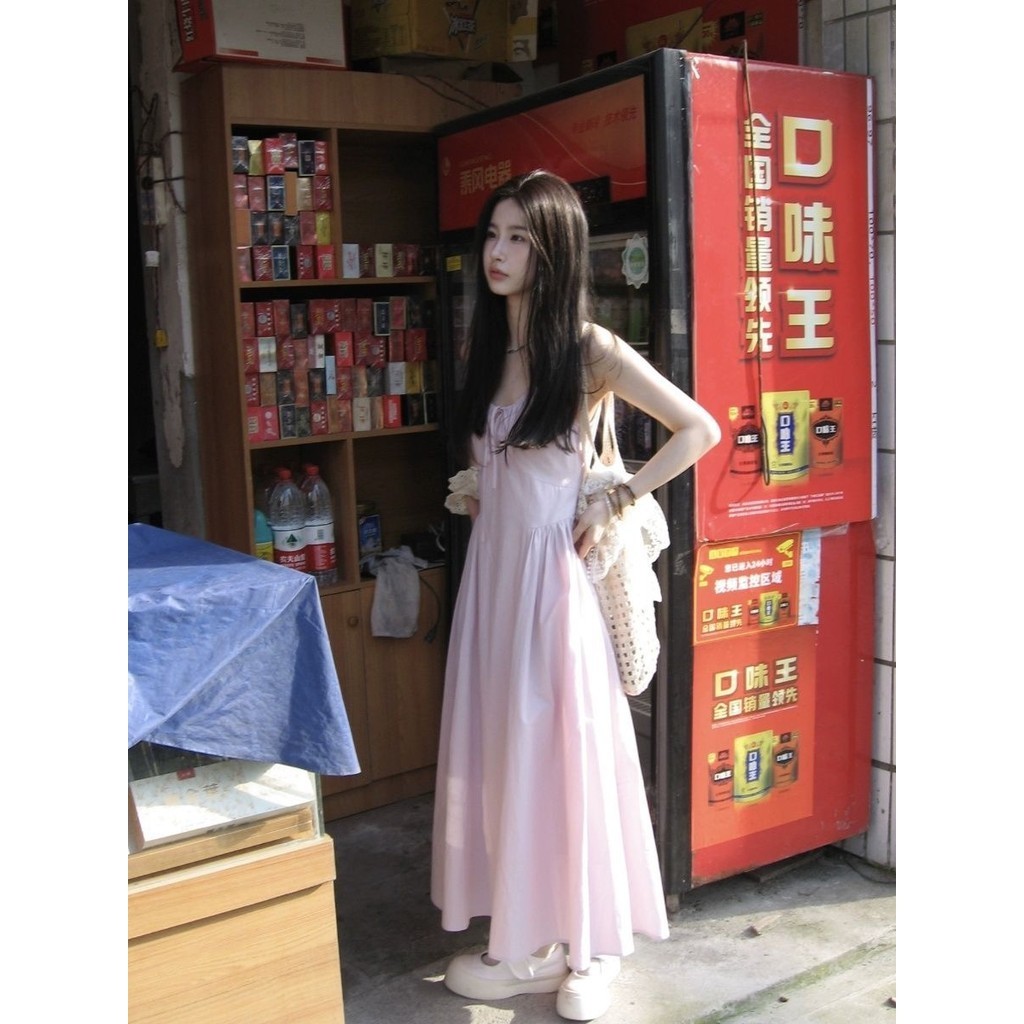 สไตล ์ อ ่ อนโยนสีม ่ วงจีบชุดสลิงหญิงฤดูร ้ อนสไตล ์ ใหม ่ Fairy Slim-fit แคบเอว A-line กระโปรงกระโปรงยาวปิด Happy สไตล ์ N