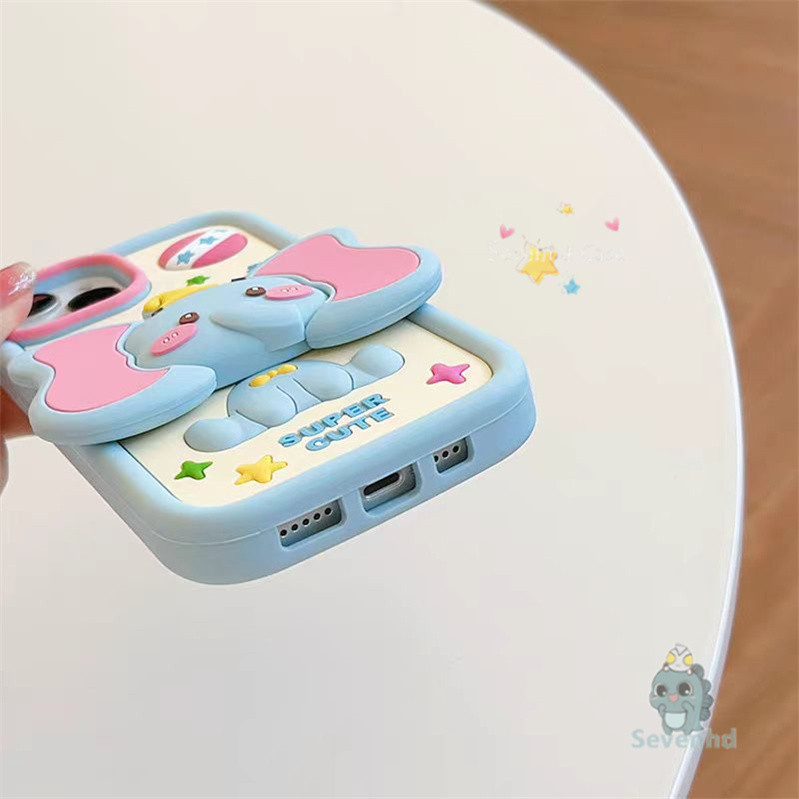 ใช้งานร่วมกับสําหรับ iPhone 15 14 13 12 11 Pro Max หรูหรา 3D ซิลิโคนเคสโทรศัพท์คู่การ์ตูนน่ารักช้างน้อย Dumbo กันกระแทก Soft TPU ป้องกันปกหลัง