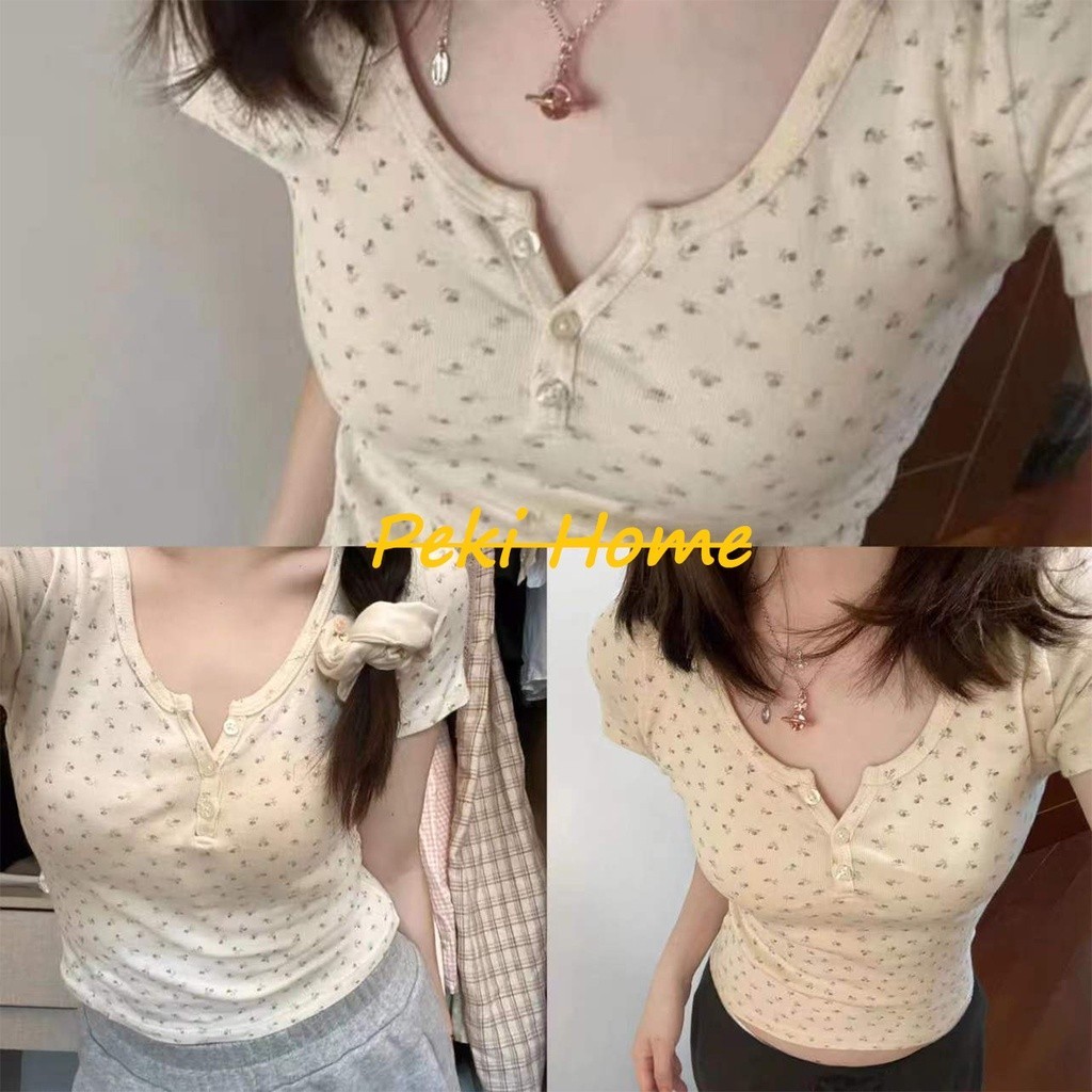 พร้อมส่ง   เสื้อครอปเเขนสั้นสีนวลลายดอกไม้   แขนสั้น  สไตล์เกาหลี