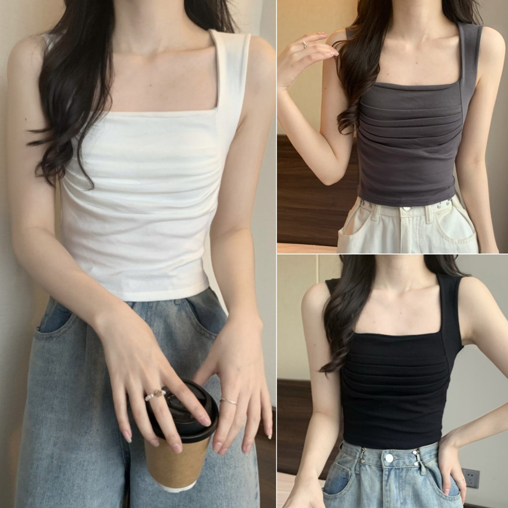 Hotgirl พร้อมส่ง เสื้อกล้ามผู้หญิง เสื้อครอป กล้ามครอป แฟชั่นผู้หญิง การออกแบบจีบ สีพื้น น่ารัก สไตล์เกาหลี